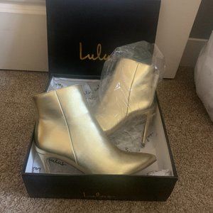LuLus Selenah Gold Pointed Toe Ankle Booties